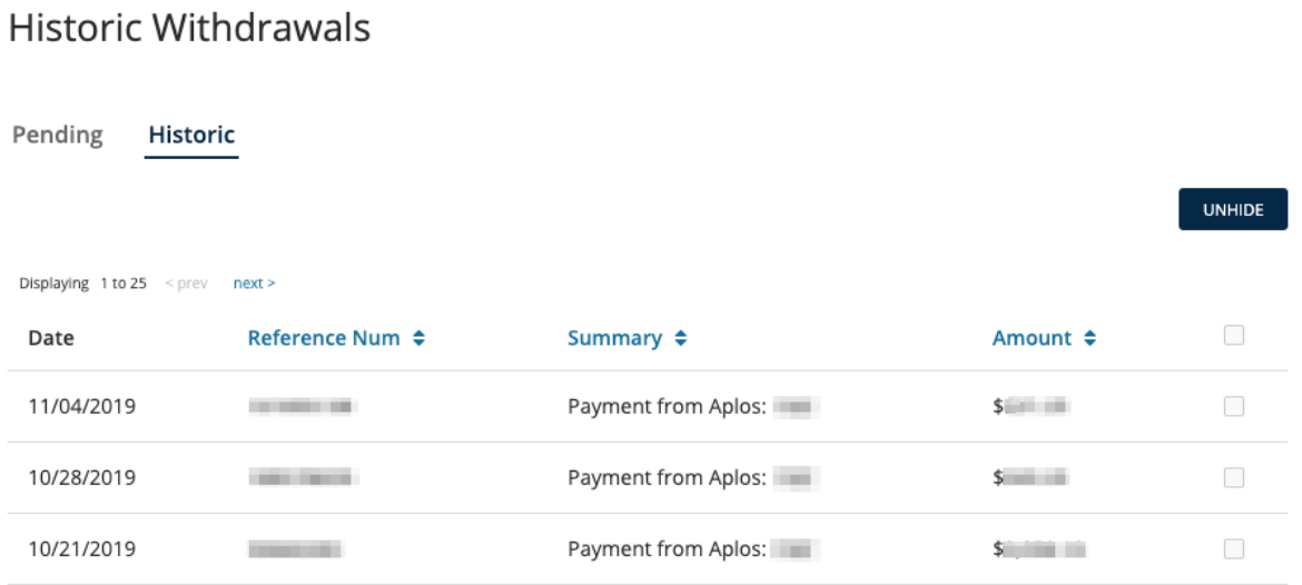 Historic tab of the AplosPay Withdrawals page