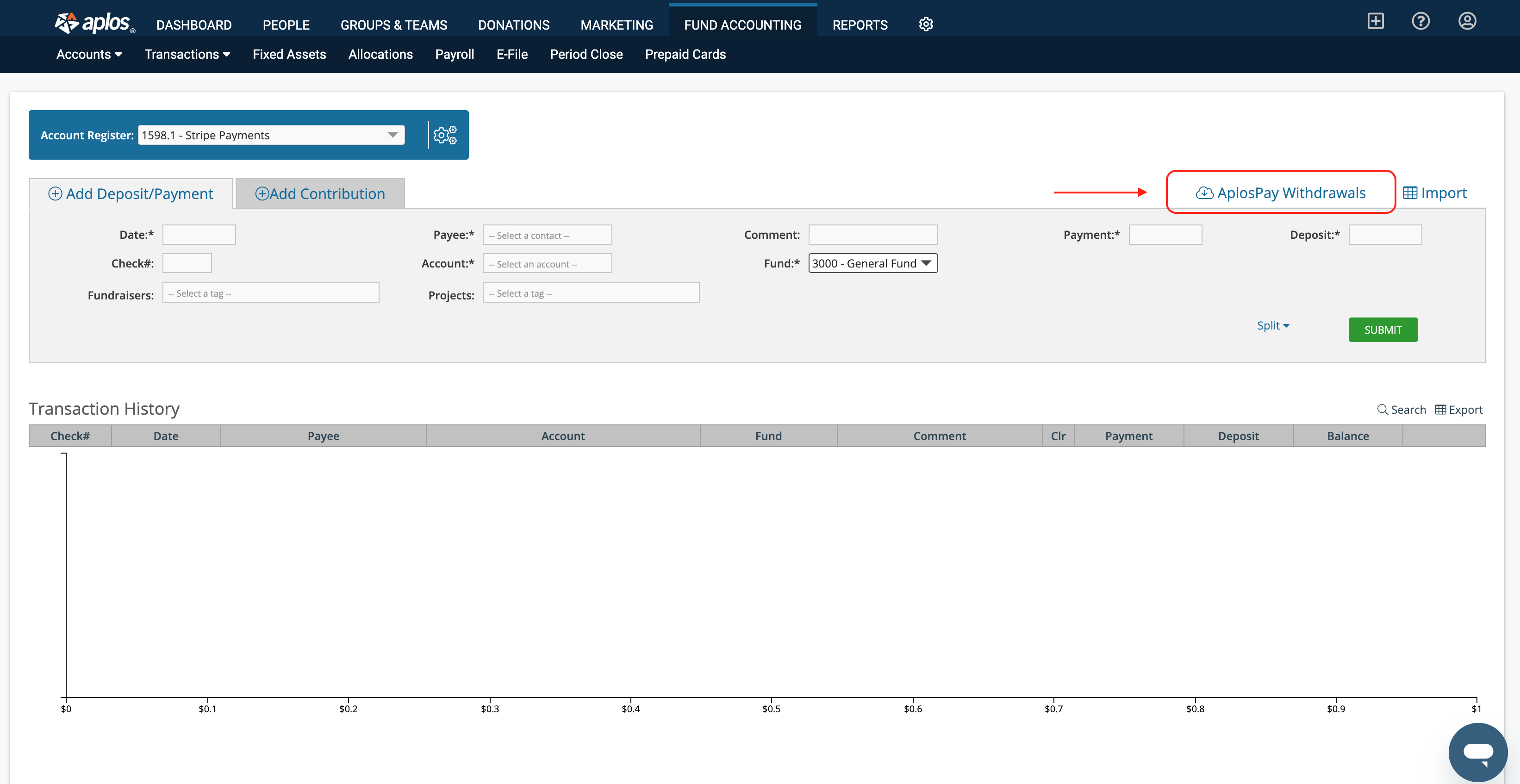 AplosPay Withdrawals button in the merchant register